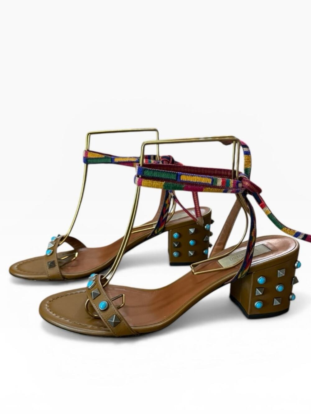Valentino  Rockstud Rolling Embroidered Ankle Wrap Sandals EU 39.5 US 9.5